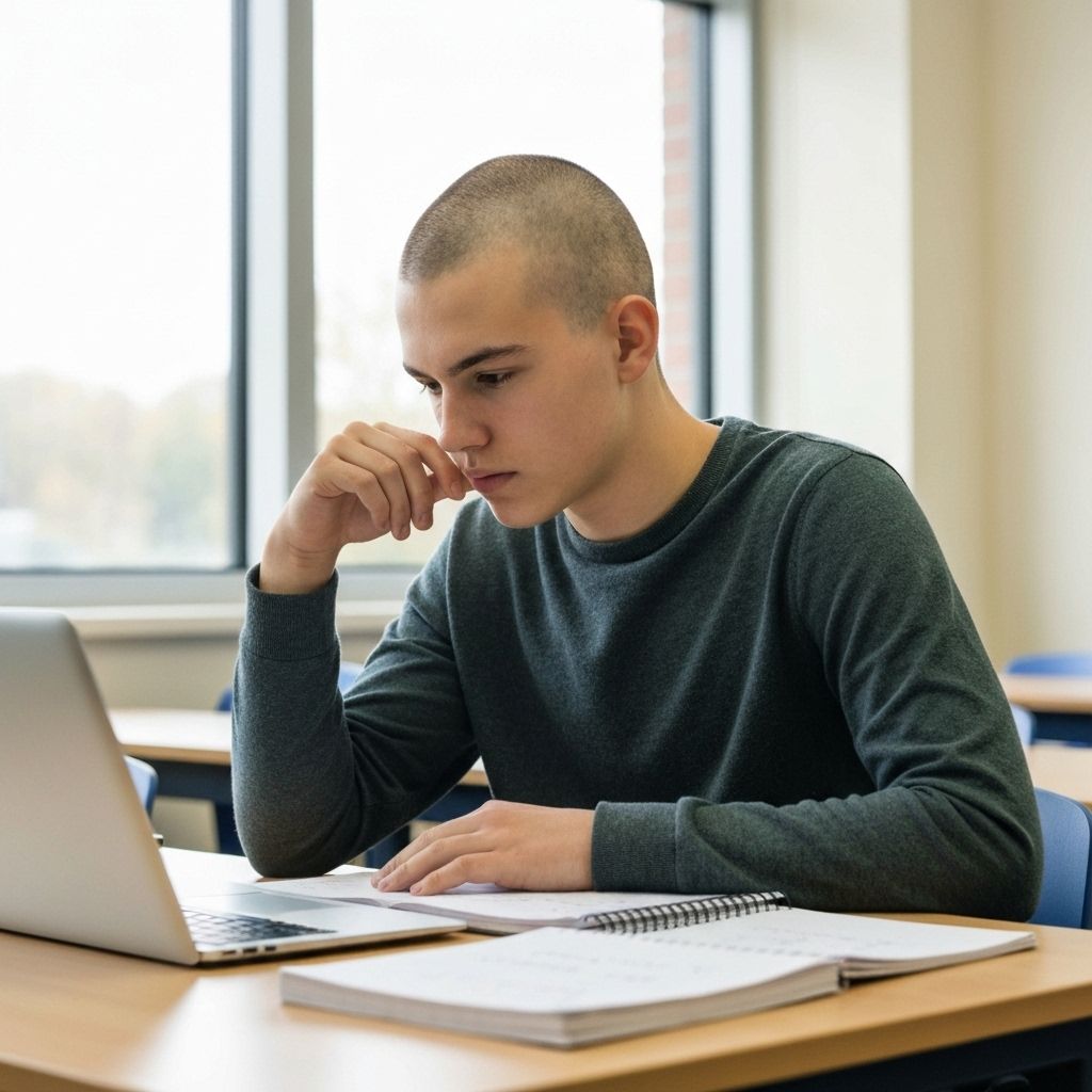 Student studying math with laptop and notebook in a bright, modern learning environment