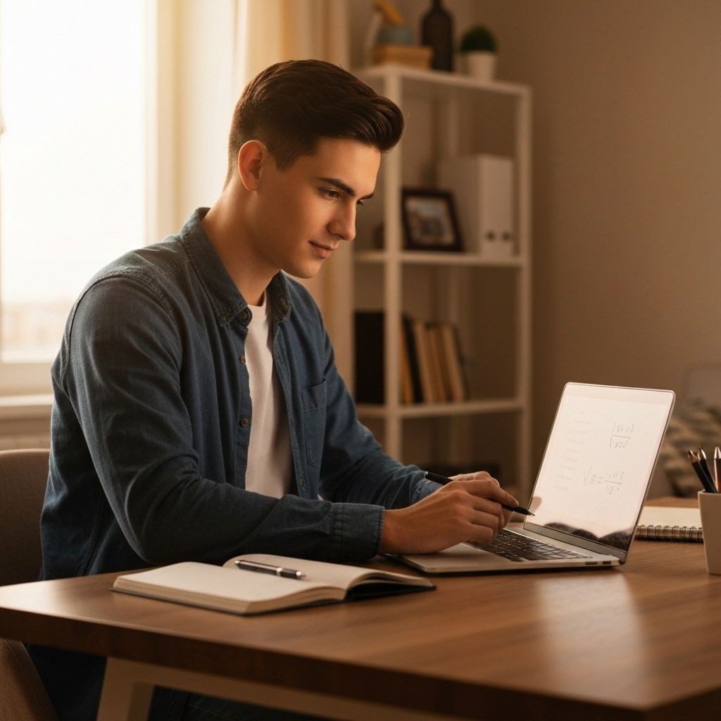 Student studying math using AI tutoring platform on laptop in modern home workspace