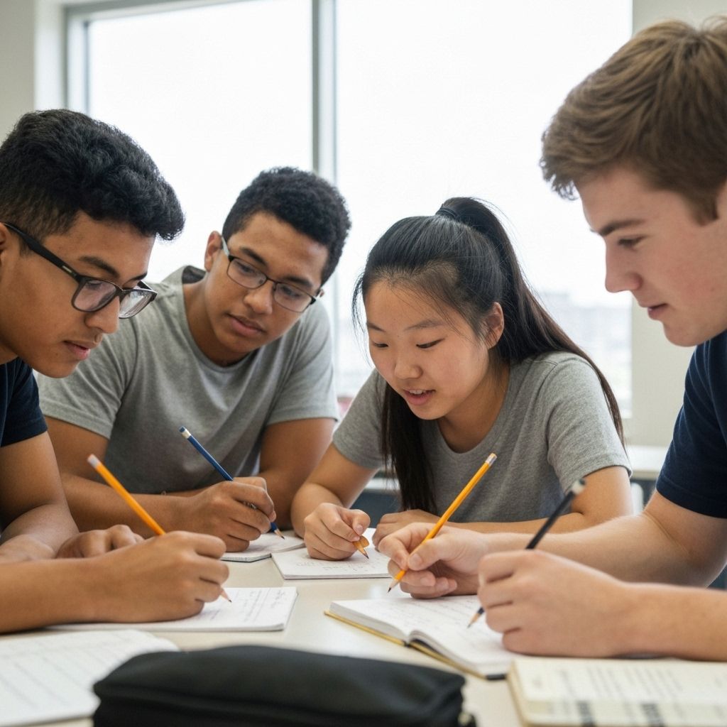 IB students working through practice papers together